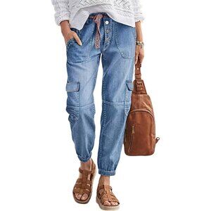 Women’s Straight Leg Jeans Multi Pocket Mid Rise Denim Pants Button Fly